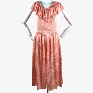 Vintage 1980s Shell Pink Tea Dress Floral Damask Ruffle Neckline Open Tie Back M